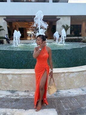 Fashion Nova Orange high neck  Maxi Dress with Thigh Slit